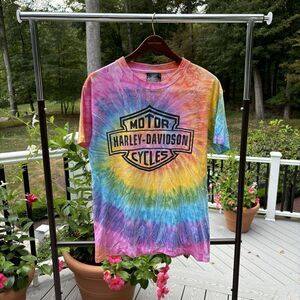 Vintage 90s Harley Davidson T Shirt Rainbow Tie Dye Single Stitch Mens M USA